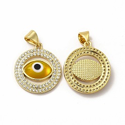 Gold Rack Plating Real 18K Gold Plated Brass Micro Pave Clear Cubic Zirconia Pendants, with Handmade Lampwork, Cadmium Free & Lead Free, Long-Lasting, Flat Round with Evil Eye, Gold, 20x17.5x3.5mm, Hole: 5.5x4mm