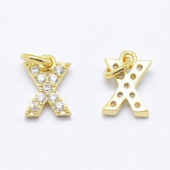 Real 18K Gold Plated Brass Micro Pave Grade AAA Cubic Zirconia Charms, Letter X, Cadmium Free & Nickel Free & Lead Free, Real 18K Gold Plated, 8x6x1.5mm, Hole: 2mm