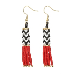 Rouge Boucles d'oreilles pendantes à pampilles tressées en graines de verre, or 304 bijoux en acier inoxydable pour femmes, rouge, 63.5mm, pin: 0.7 mm