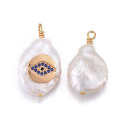Royal Blue Natural Cultured Freshwater Pearl Pendants, with Brass Cubic Zirconia Findings, Nuggets with Eye, Golden, Royal Blue, 17~26x11~16x5~11mm, Hole: 1.6~2mm