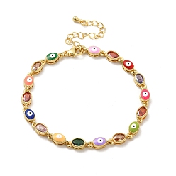 Colorful Enamel Evil Eye & Glass Oval Link Chain Bracelet, Golden Brass Jewelry for Women, Colorful, 7-1/4 inch(18.3cm)