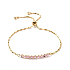 Pink Bracelet coulissant à maillons mauvais œil en émail avec zircone cubique, bijoux porte-bonheur en laiton plaqué or véritable 18k pour femmes, rose, diamètre intérieur: 1/2~3-1/4 pouce (1.2~8.3 cm)