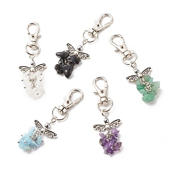 Mixed Stone Natural Gemstone Beaded Cluster Pendant Decorates, with Swivel Clasps, Lobster Clasp Charms, Clip-on Charms, for Keychain, Purse, Backpack Ornament, Stitch Marker, Wings, 67~68mm
