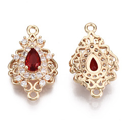 Red Brass Micro Pave Cubic Zirconia Links Connectors, with Glass, Long-Lasting Plated, Teardrop, Light Gold, Red, 20x12x5mm, Hole: 1.4mm
