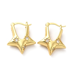Golden Clear Cubic Zirconia Star Hoop Earrings, Brass Jewelry for Women, Golden, 23.5x20x7mm, Pin: 0.8~1.1mm