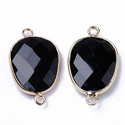 Black Agate Natural Black Agate Links Connectors, with Light Gold Plated Edge Brass Loops, Oval, Faceted, 30.5~31.5x17.5x5~6mm, Hole: 2mm