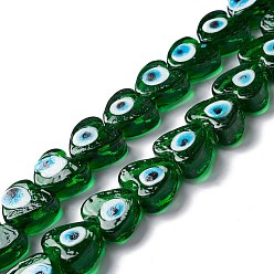Vert Main mal de perles au chalumeau des yeux, cœur, verte, 14.5~15x15.5~16x6.5~7.5mm, Trou: 1~1.6mm, Environ 25 pcs/chapelet, 14.02~13.66 pouce (34.7~35.6 cm)