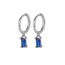 Bleu Boucles d'oreilles créoles en argent sterling plaqué rhodium platine pour femmes, rectangle, bleu, 925mm