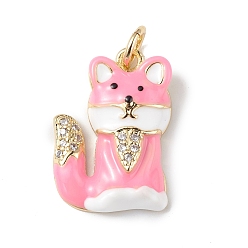 Pink Rack Plating Brass Micro Pave Cubic Zirconia Pendants, with Enamel & Jump Ring, Lead Free & Cadmium Free, Long-Lasting Plated, Fox Charm, Real 18K Gold Plated, Pink, 18.5x13x4mm, Hole: 3.5mm