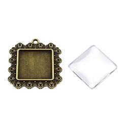 Antique Bronze DIY Pendant Making, Tibetan Style Alloy Pendant Cabochon Settings, with Glass Square Cabochons, Cadmium Free & Nickel Free & Lead Free, Antique Bronze, 44x40x2mm, Hole: 2.5mm, Glass: 25x25x5~6mm, 2pcs/set