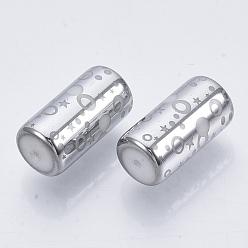 Silver Electroplate Glass Beads, Column with Dot and Star Pattern, Silver, 20x10mm, Hole: 1.2mm, about 50pcs/bag