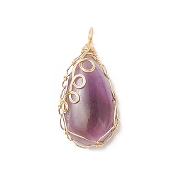 Amethyst Natural Amethyst Copper Wire Wrapped Pendants, Teardrop Charms, Golden, 36x17x8mm, Hole: 3x2mm