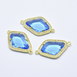 Cornflower Blue Brass Micro Pave Cubic Zirconia Links, with Glass, Faceted, Rhombus, Golden, Cornflower Blue, 33x20x5mm, Hole: 1.6mm