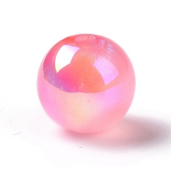 Hot Pink UV Plating Rainbow Iridescent Acrylic Beads, with Glitter Powder, Round, Hot Pink, 12.5~13mm, Hole: 2.5mm