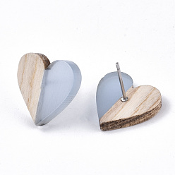 Light Steel Blue Transparent Resin & Wood Stud Earrings, with 304 Stainless Steel Pin, Heart, Light Steel Blue, 15x14~15mm, Pin: 0.7mm