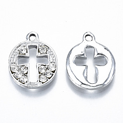 Platinum UV Plated Alloy Pendants, with Crystal Rhinestone, Flat Round with Hollow Cross, Cadmium Free & Lead Free, Platinum, 19.5x15.5x3mm, Hole: 1.6mm