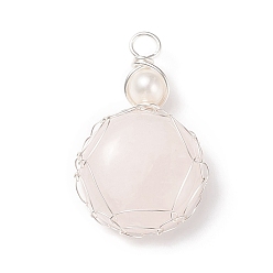 Rose Quartz Natural Rose Quartz Pendants, with Silver Tone Copper Wire and Natural Cultured Freshwater Pearl, Flat Round Charm, 34~37x21~22x7~8mm, Hole: 4~4.5mm