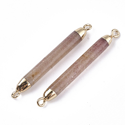 Quartz Electroplate Natural Strawberry Quartz Links connectors, with Iron Findings, Column, Golden, 44~45x5mm, Hole: 1.8mm