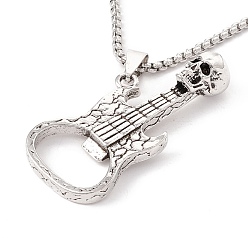 Antique Silver & Stainless Steel Color Alloy Skull Guitar Pendant Necklace with 201 Stainless Steel Box Chains, Gothic Jewelry for Men Women, Antique Silver & Stainless Steel Color, 23.62 inch(60cm)