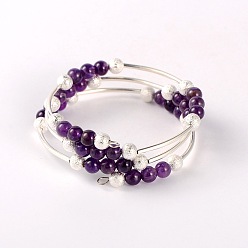 Amethyst Natural Gemstone Wrap Bracelets, with Brass Textured Beads and Brass Tube Beads, Silver Color Plated, Amethyst, 52mm