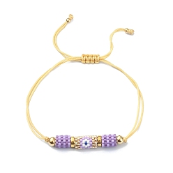 Medium Purple Glass Seed Column with Evil Eye Link Bracelet, Adjustable Bracelet for Women, Medium Purple, Inner Diameter: 1/2~2-1/8 inch(1.4~5.3cm)
