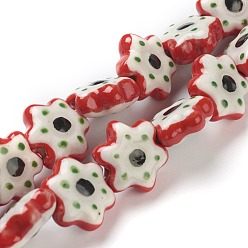Red Handmade Porcelain Flower Beads, Red, 15.5~17x15.5~17x7~7.5mm, Hole: 2mm, about 20pcs/strand, 11.42 inch(29cm)