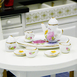 Flower Mini Ceramic Tea Sets, including Cup, Teapot, Saucer, Sugar Bowl, Cream Pitcher, Miniature Ornaments, Micro Landscape Garden Dollhouse Accessories, Pretending Prop Decorations, Peony Pattern, 8pcs/set