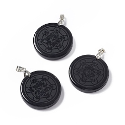 Obsidian Natural Obsidian Pendants, Flat Round Charms with Chakra Theme Pattern, with Rack Plating Platinum Tone Brass Findings, Cadmium Free & Lead Free, 30x4~8mm, Hole: 4x4mm