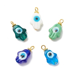 Mixed Color Handmade Evil Eye Lampwork Pendants, with Iron & Alloy Finding, Hamsa Hand/Hand of Miriam, Mixed Color, 21x12x6mm, Hole: 1.8mm