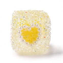 Oro Abalorios de acrílico, sin agujero / sin perforar, cubo con el corazón, oro, 18x17x18 mm