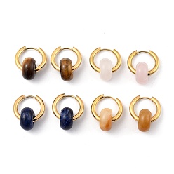 Mixed Stone 304 Stainless Steel Huggie Hoop Earrings, with 316 Surgical Stainless Steel Pin and Rondelle Natural Gemstone Beads, Golden, 25mm, Pin: 0.9mm