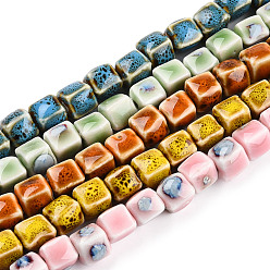 Color mezclado Hilos de perlas de porcelana hechas a mano, famille porcelana rosa, cubo, color mezclado, 9x9x8~9 mm, agujero: 2 mm, sobre 38 unidades / cadena, 12.40 pulgada (31.5 cm)