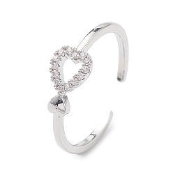 Platinum Clear Cubic Zirconia Hollow Heart Open Cuff Ring, Brass Jewelry for Women, Platinum, Inner Diameter: 18mm