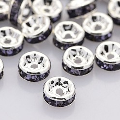 Tanzanite Séparateurs perles en verre avec strass en laiton, Grade a, bride droite, couleur argent plaqué, rondelle, tanzanite, 8x3.8mm, Trou: 1.5mm