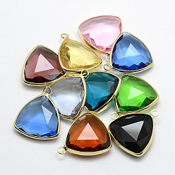Mixed Color Golden Tone Brass Glass Triangle Pendants, Mixed Color, 22x19x6mm, Hole: 2mm