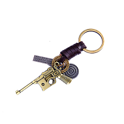 Others Punk Style Woven Cow Leather Alloy Pendant Keychain, for Car Key Pendant, Gun Pattern, 14cm