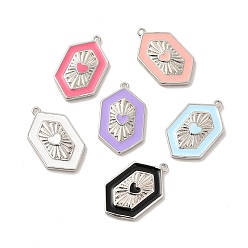 Mixed Color Brass Enamel Pendants, Cadmium Free & Lead Fre, Hexagon with Heart Charm, Platinum, Mixed Color, 23x13.5x2.5mm, Hole: 1.2mm