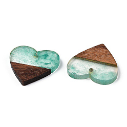 Verdemar Claro Colgantes de resina transparente y madera de nogal, con polvo del brillo, encantos del corazón, verde mar claro, 24x25x3.5~4 mm, agujero: 2 mm