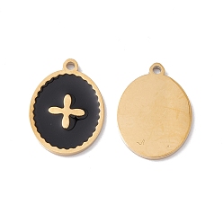 Black Ion Plating(IP) 304 Stainless Steel Pendants, with Enamel, Real 24K Gold Plated, Oval with Cross, Black, 13.5x10x1mm, Hole: 1mm