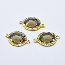 Olive Brass Micro Pave Cubic Zirconia Links, with Glass, Faceted, Oval, Golden, Olive, 26x16x5mm, Hole: 1.6mm