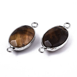 Tiger Eye Natural Tiger Eye Links/Connectors, Platinum Tone Brass Edge, Faceted Oval, 27.5x14~15x6mm, Hole: 2mm
