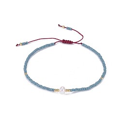 Acero Azul Claro Nylon ajustable pulseras de cuentas trenzado del cordón, con cuentas de semillas japonesas y perlas, azul acero claro, 2 pulgada ~ 2-3/4 pulgada (5~7.1 cm)