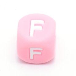 Letter F Силиконовые бусины с алфавитом для изготовления браслетов или ожерелий, стиль письма, розовый куб, буква f, 12x12x12 мм, отверстие : 3 мм
