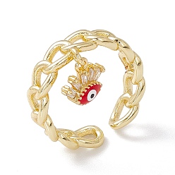 Red Clear Cubic Zirconia Evil Eye Charm Open Cuff Ring with Enamel, Real 18K Gold Plated Brass Jewelry for Women, Lead Free & Cadmium Free, Red, US Size 6 3/4(17.1mm)