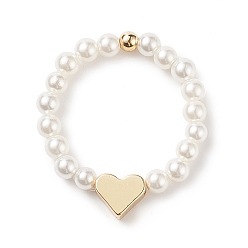 Golden Shell Pearl & Brass Heart Beaded Stretch Rings for Women, Golden, US Size 9(18.9mm)