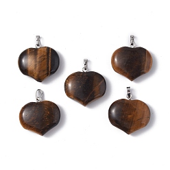 Tiger Eye Natural Tiger Eye Pendants, Heart Charms, with Platinum Tone Brass Findings, 23.5x25x8.5mm, Hole: 5x3.5mm