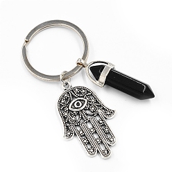 Black Agate Natural Black Agate Pendant Keychains, with Alloy Pendants and Iron Rings, Bullet Shape with Hamsa Hand, 7.2cm