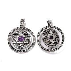 Amethyst Natural Amethyst Pendants, Flat Round with Hexagram Charms, with Antique Silver Plated Alloy Findings, 42.5x37x8mm, Hole: 5.5x4mm