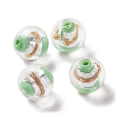 Light Green Handmade Silver Foil Lampwork Beads, with Gold Sand, Round, Light Green, 12x11mm, Hole: 1.8mm
