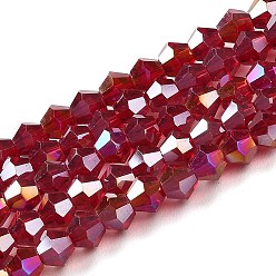 Rojo Oscuro Transparentes cuentas de vidrio electroplate hebras, color de ab chapado, facetados, bicono, de color rojo oscuro, 3x2.5 mm, agujero: 0.7 mm, sobre 162~185 unidades / cadena, 12.76~14.61 pulgada (32.4~37.1 cm)